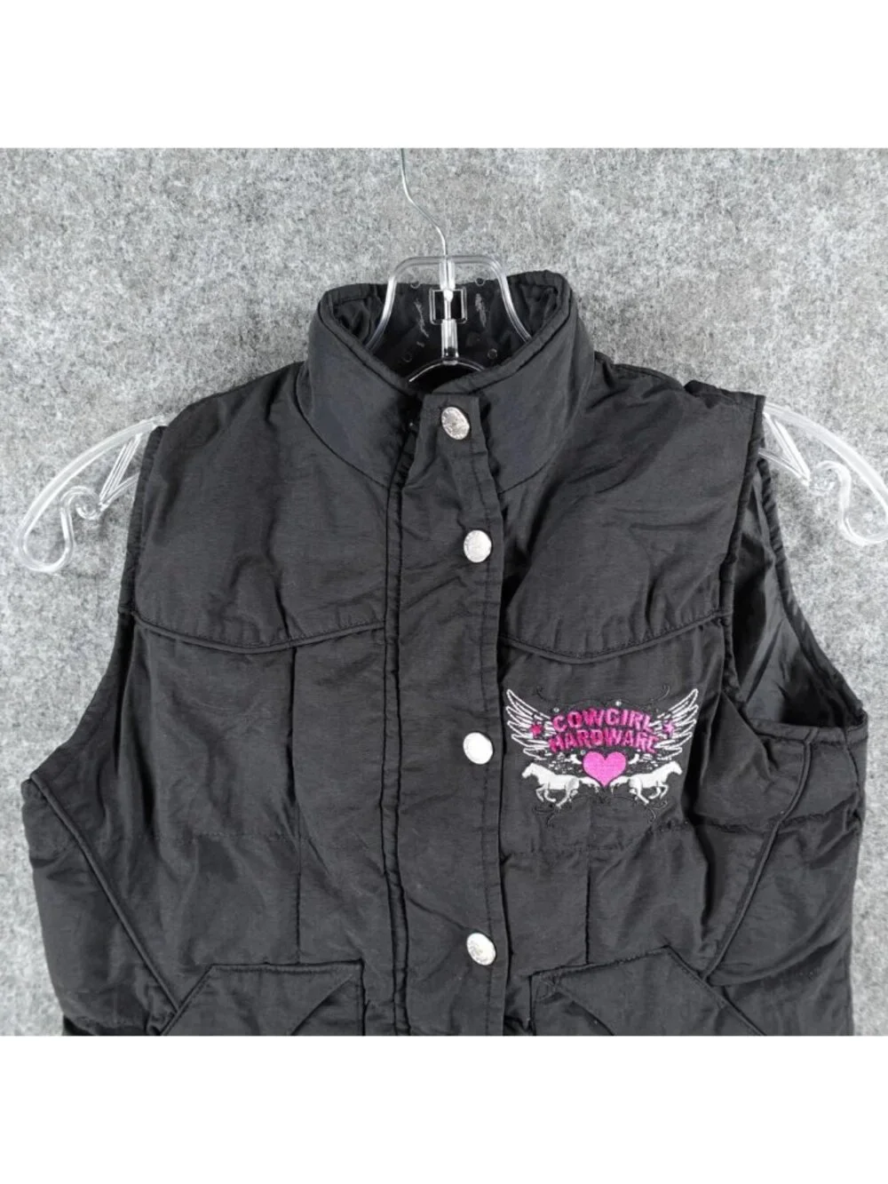 Cowgirl Hardware Puffer Vest Womens S Black Too Cute Embroidery Heart Rhinestone